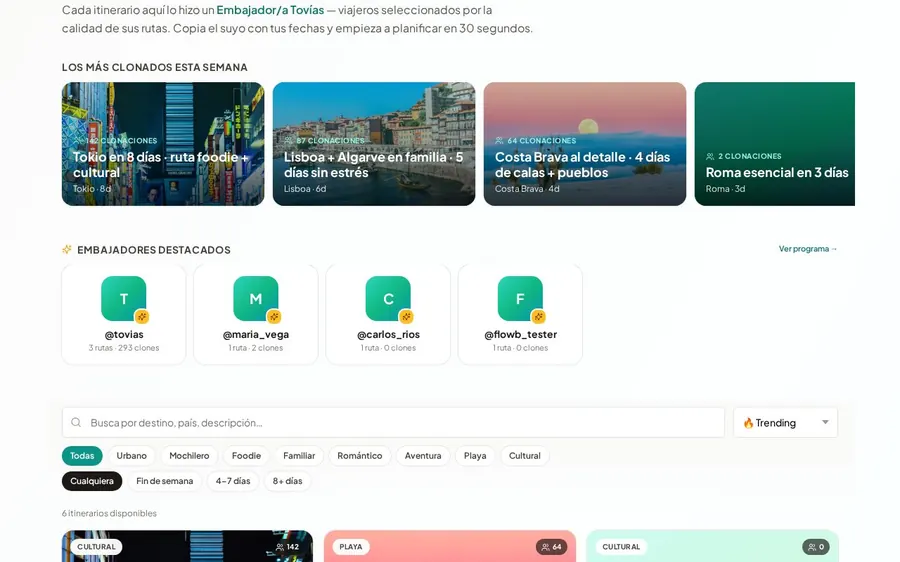 Tovías en el navegador — catálogo de rutas con portadas reales